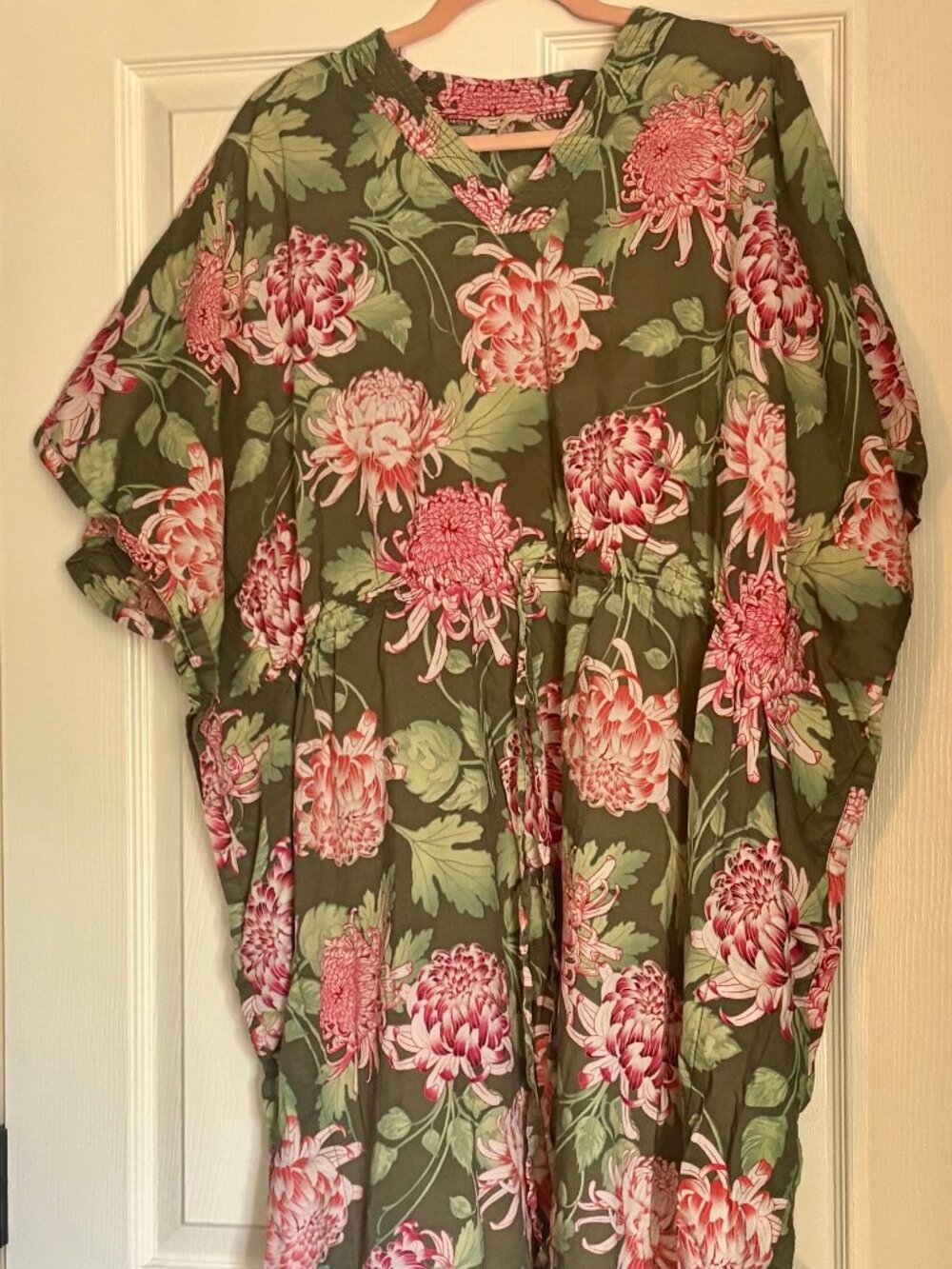 100% Cotton Pink & Green Floral Chrysanthemum World Market Swimsuit Coverup L/XL